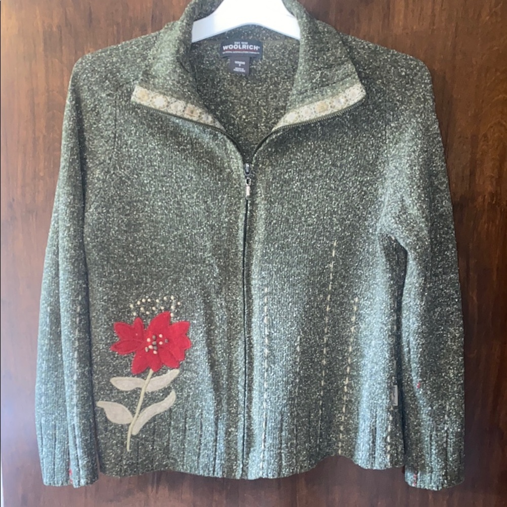 Woolrich Green Zip-Up Sweater with Red Floral Design - US size Small
